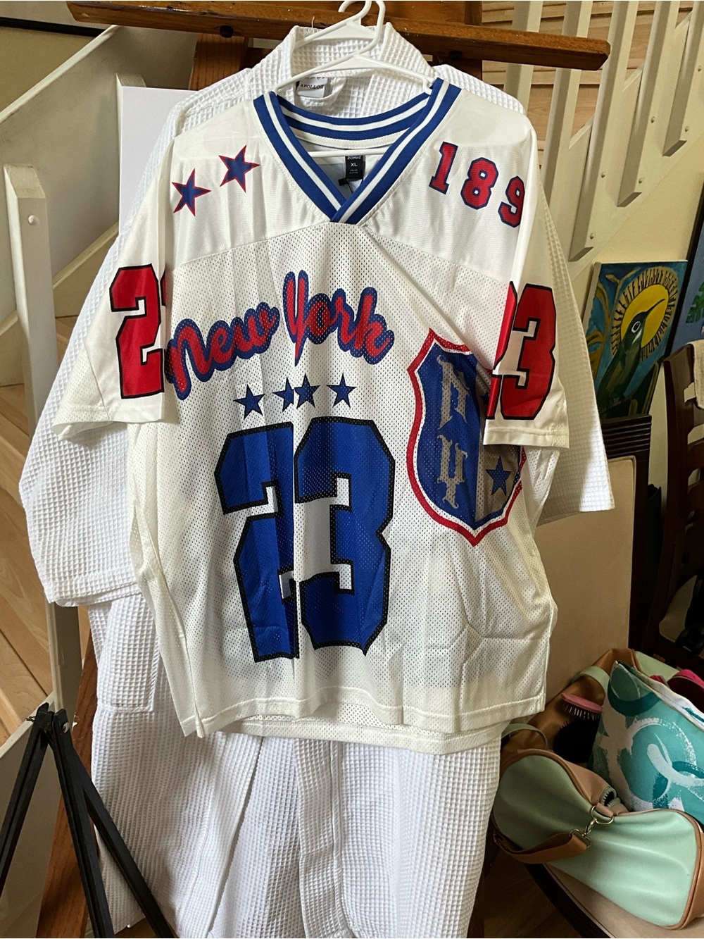 ROMWE White Mesh Jersey with Blue & Red Graphic Accents